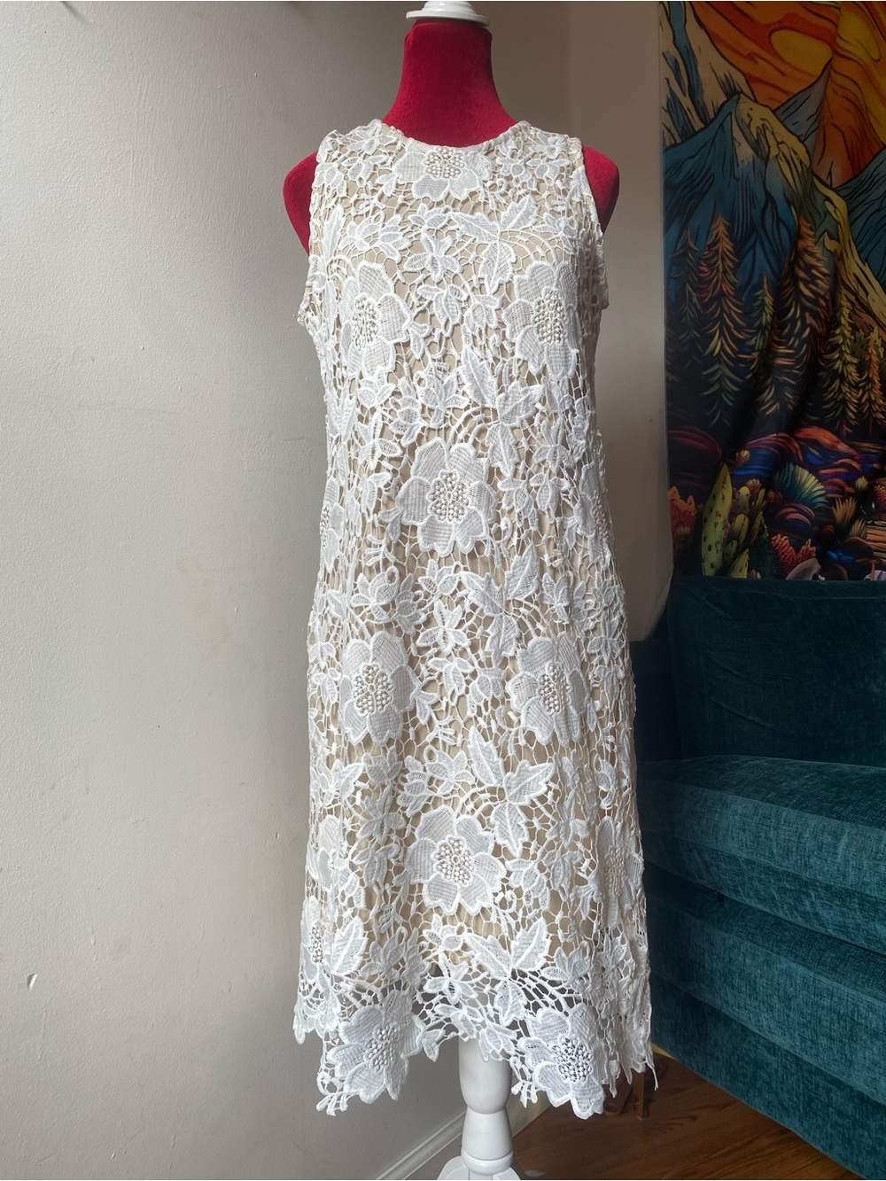 Lace Overlay Sleeveless Cream Dress